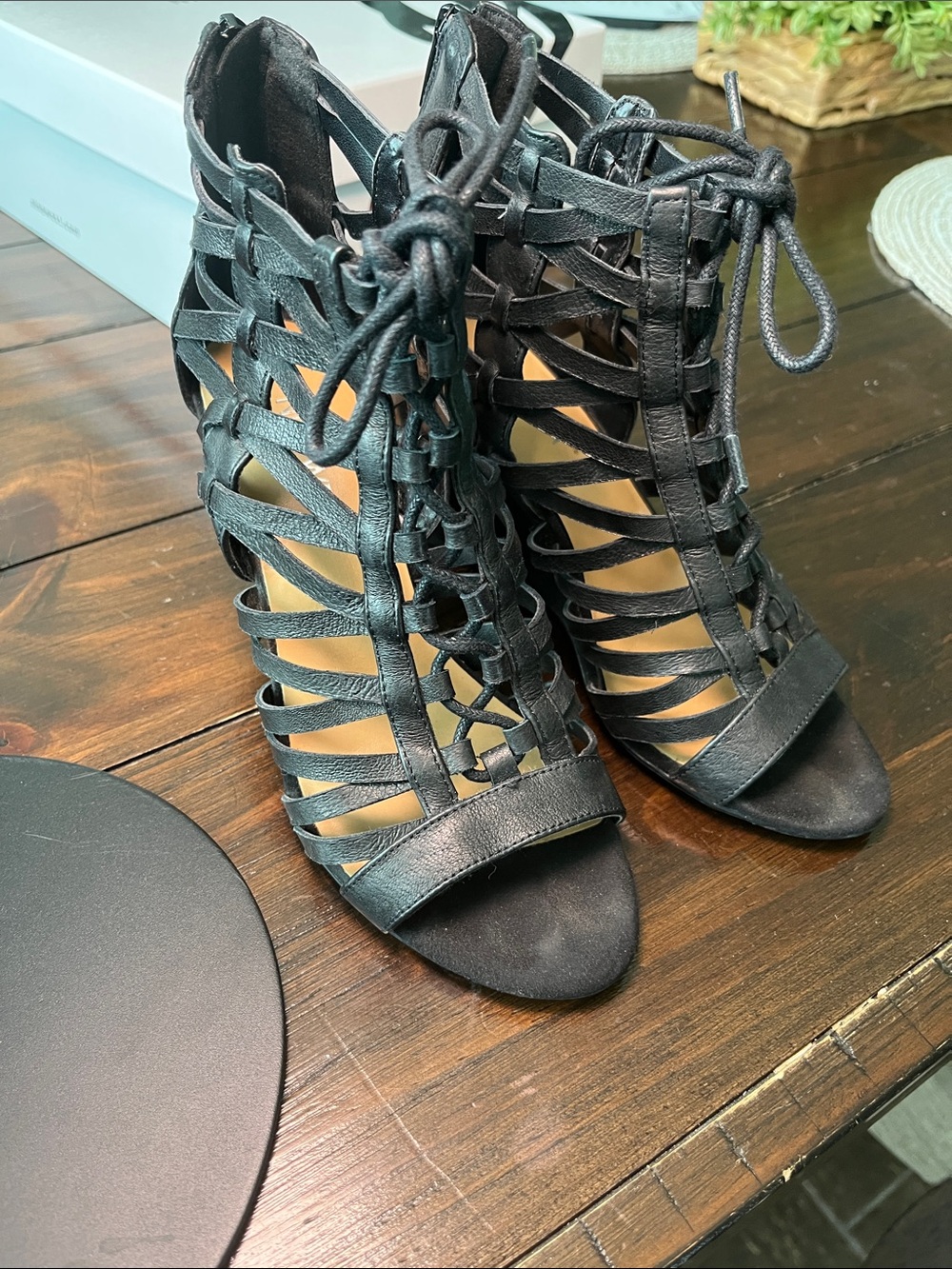 Nine West Black Lace-Up Cage Heeled Wedges